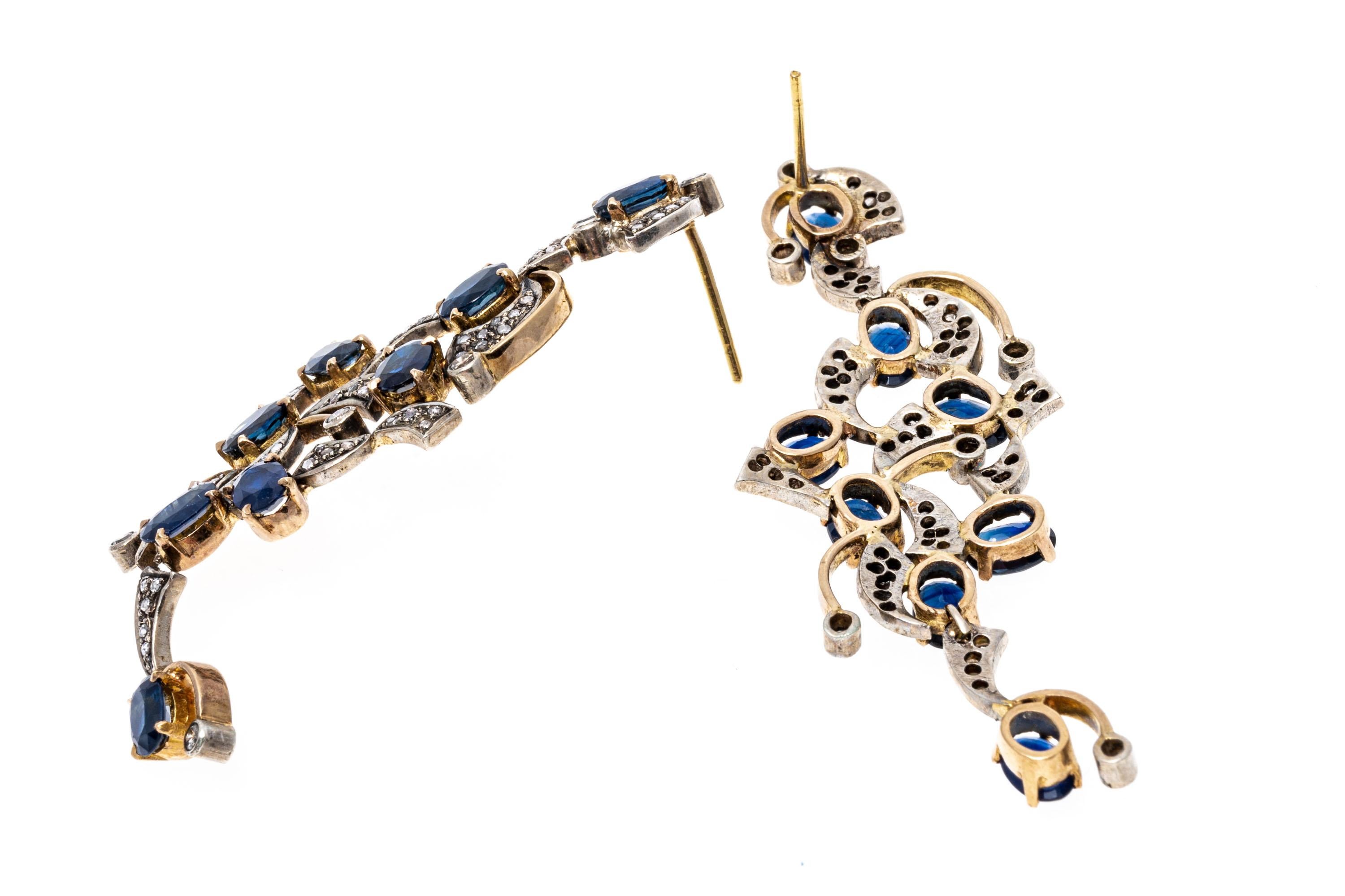 Retro 14k and Sterling Striking Chandelier Blue Sapphire and Diamond Drop Earrings For Sale