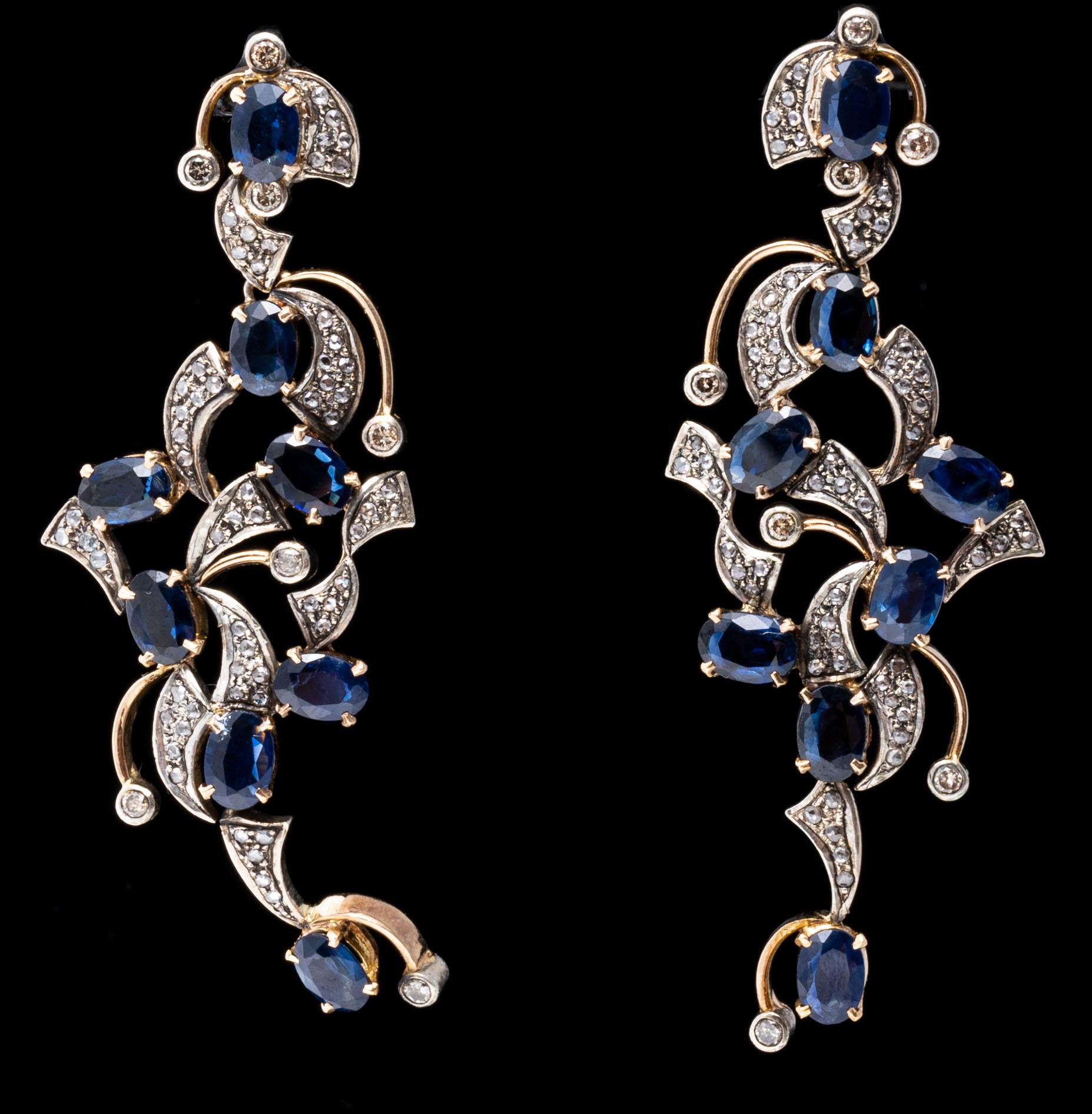 14k und Sterling Auffällige Chandelier Blauer Saphir und Diamant-Tropfen-Ohrringe im Angebot 1