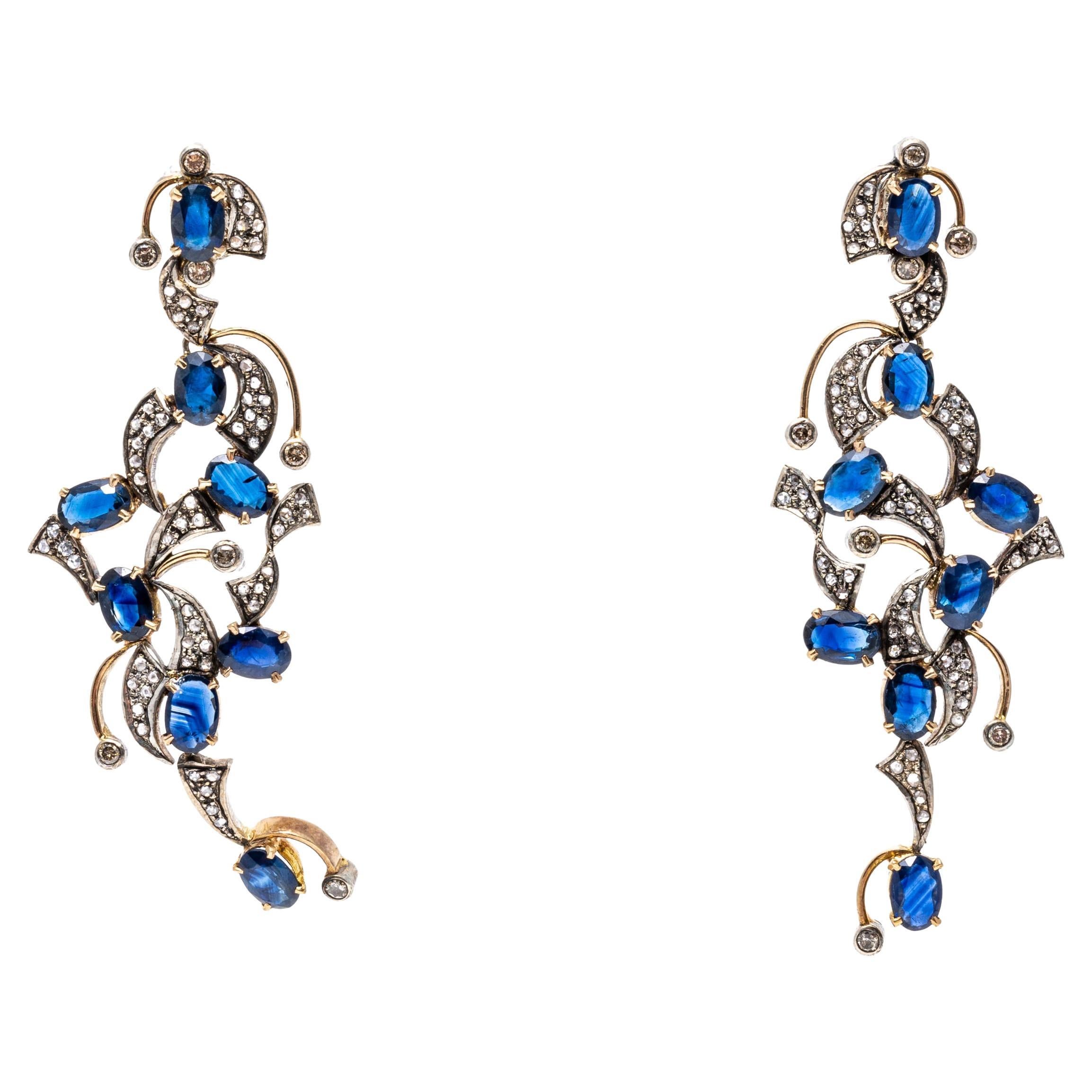 14k and Sterling Striking Chandelier Blue Sapphire and Diamond Drop Earrings For Sale