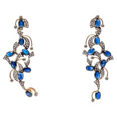 Boucles d'oreilles pendantes lustre en or 14 carats et argent sterling avec saphir bleu et diamants