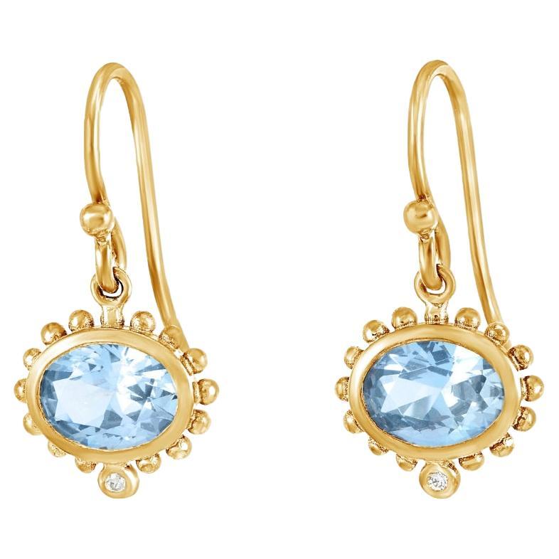 14k Anemone Oval Drop Earrings with Blue Topaz & Diamond For Sale
