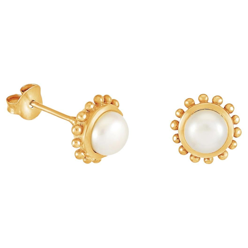14k Anemone Stud Earrings with White Pearl  For Sale