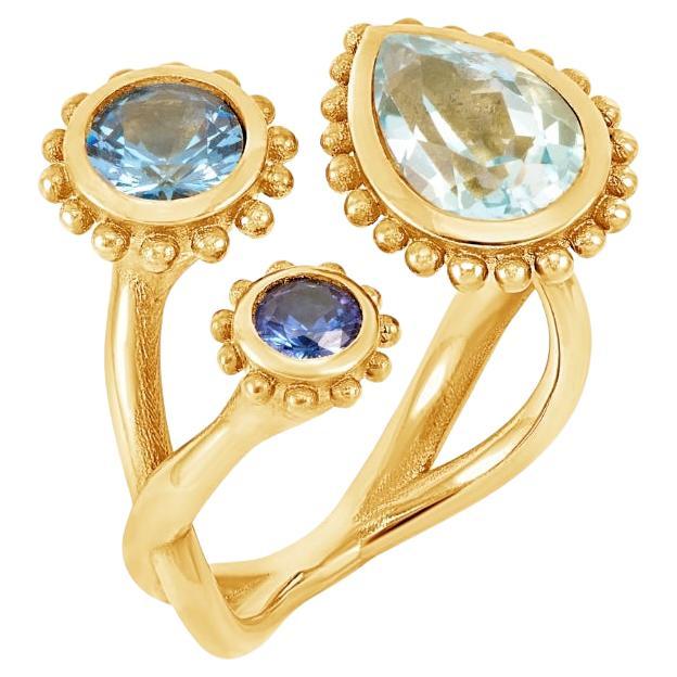 14k Anemone Trio Ring with Blue Topaz For Sale