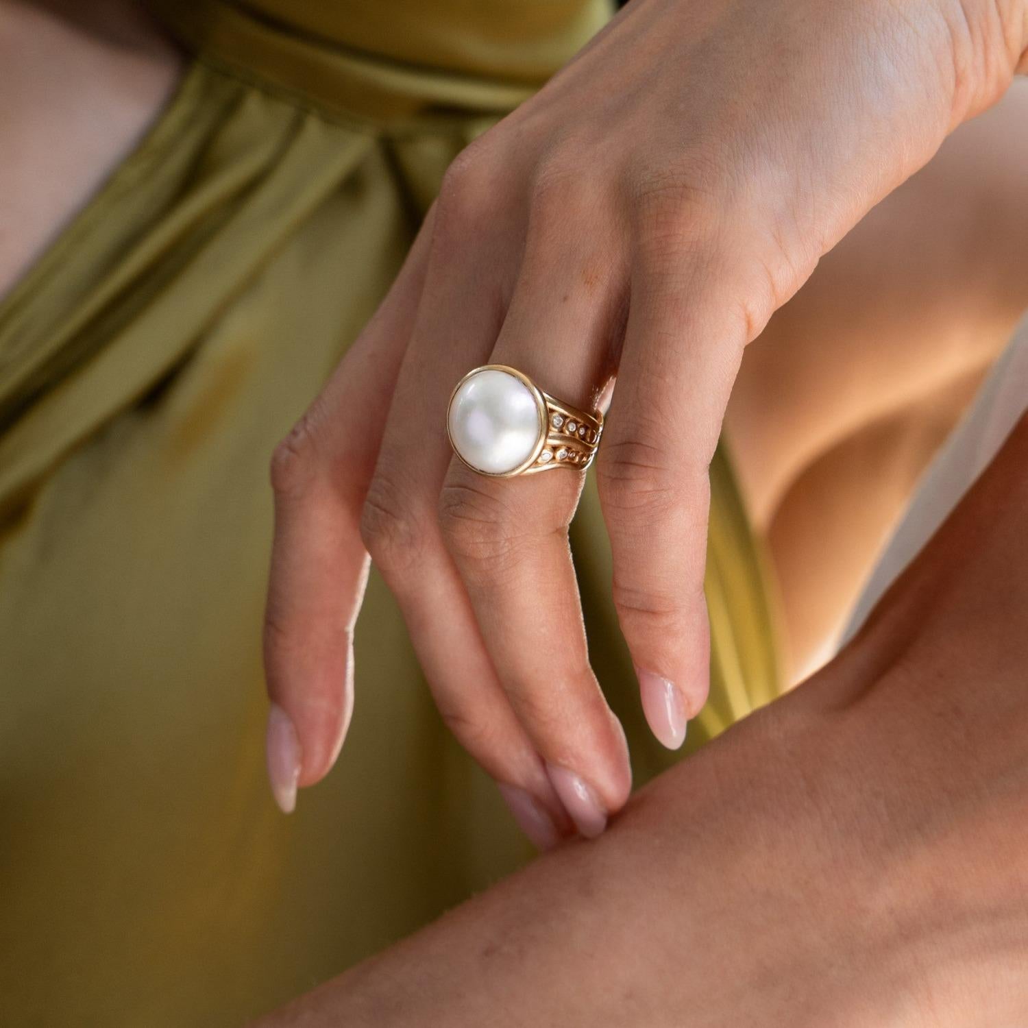 Contemporary 14k Anemone Waterfall Ring with Mabe Pearl For Sale