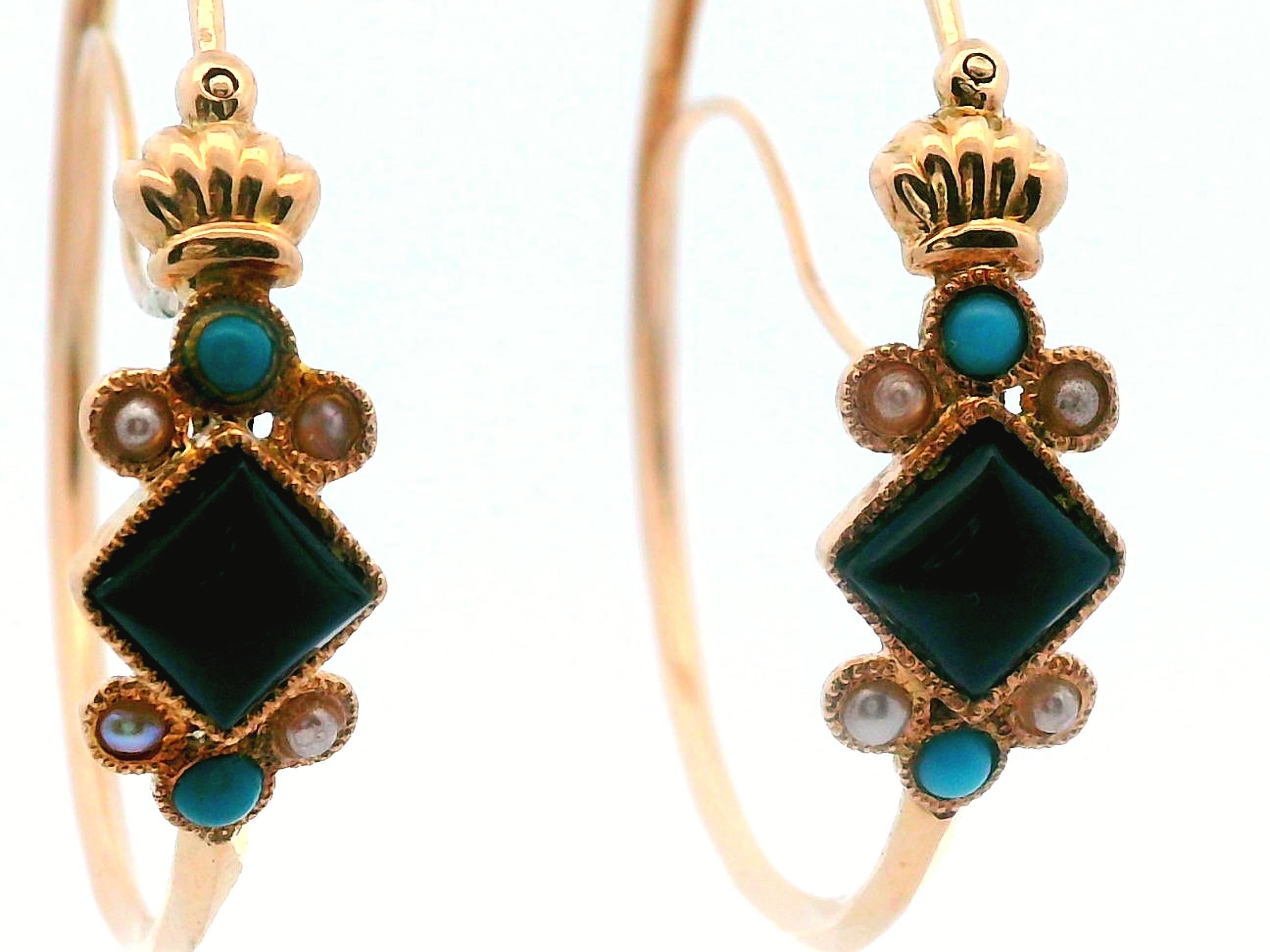 Orecchini a cerchio Biedermeier antichi 14k con onice, turchese e perle di mare In condizioni buone in vendita a Lexington, KY