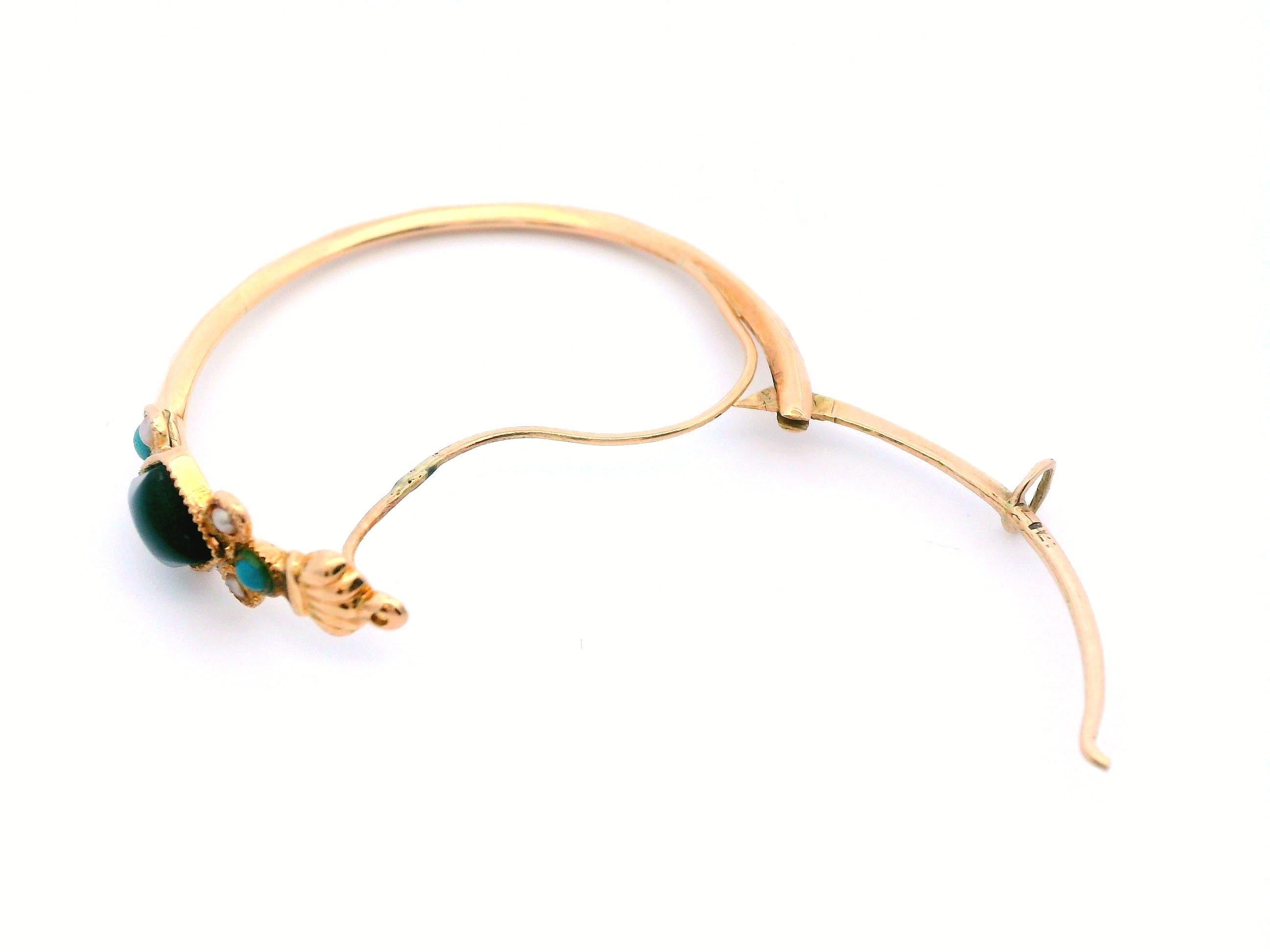 Orecchini a cerchio Biedermeier antichi 14k con onice, turchese e perle di mare in vendita 2