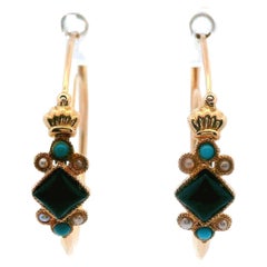 14k Antique Biedermeier Onyx, Turquoise & Seed Pearl Hoop Earrings
