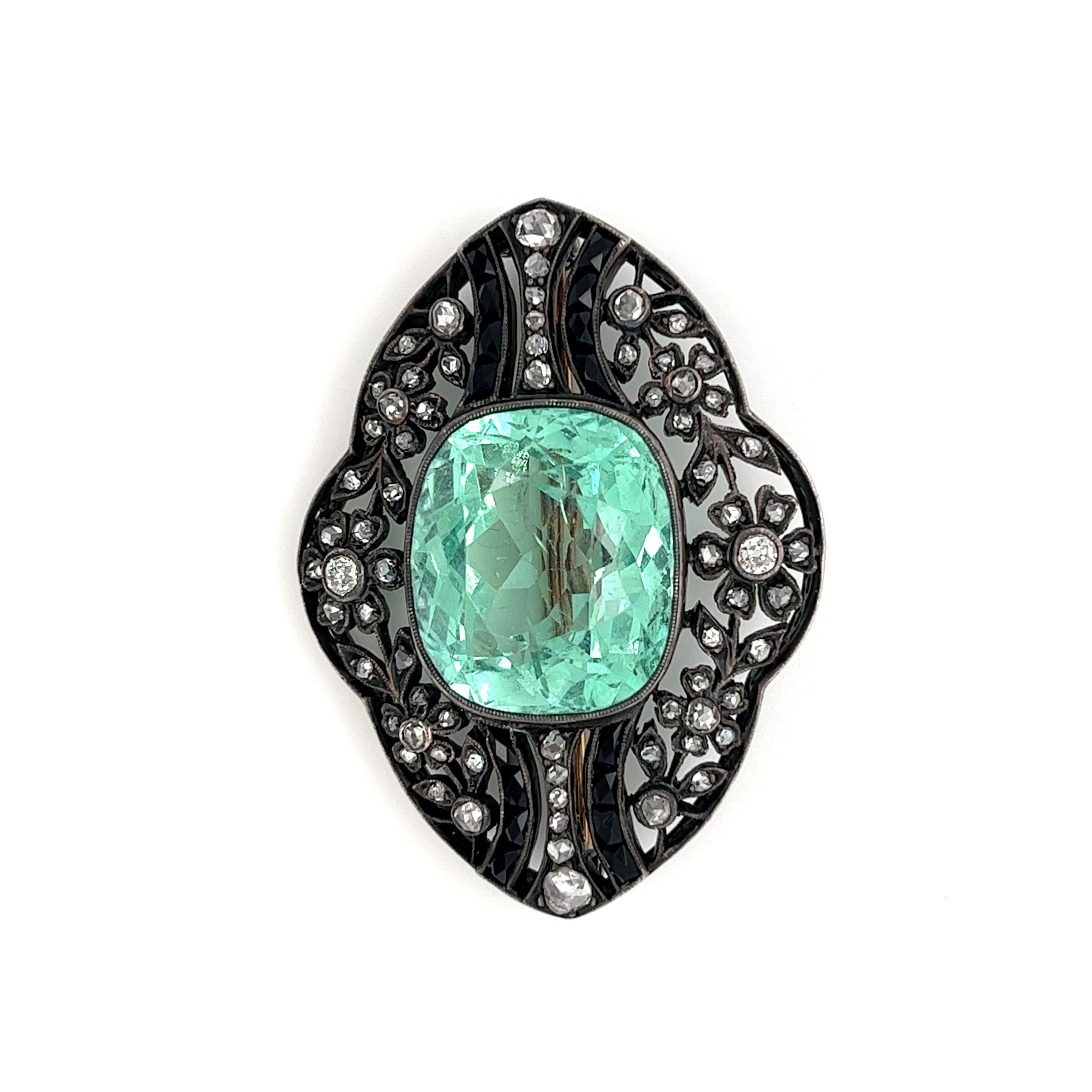 This magnificent Russian Antique Beryl and Old Mine Onyx Brooch Pin is a remarkable example of the antique Russian jewels of the 19th and early-20th centuries. The Beryl is a very rare gem from the Ural Mountains in Russia. AGL certified with origin