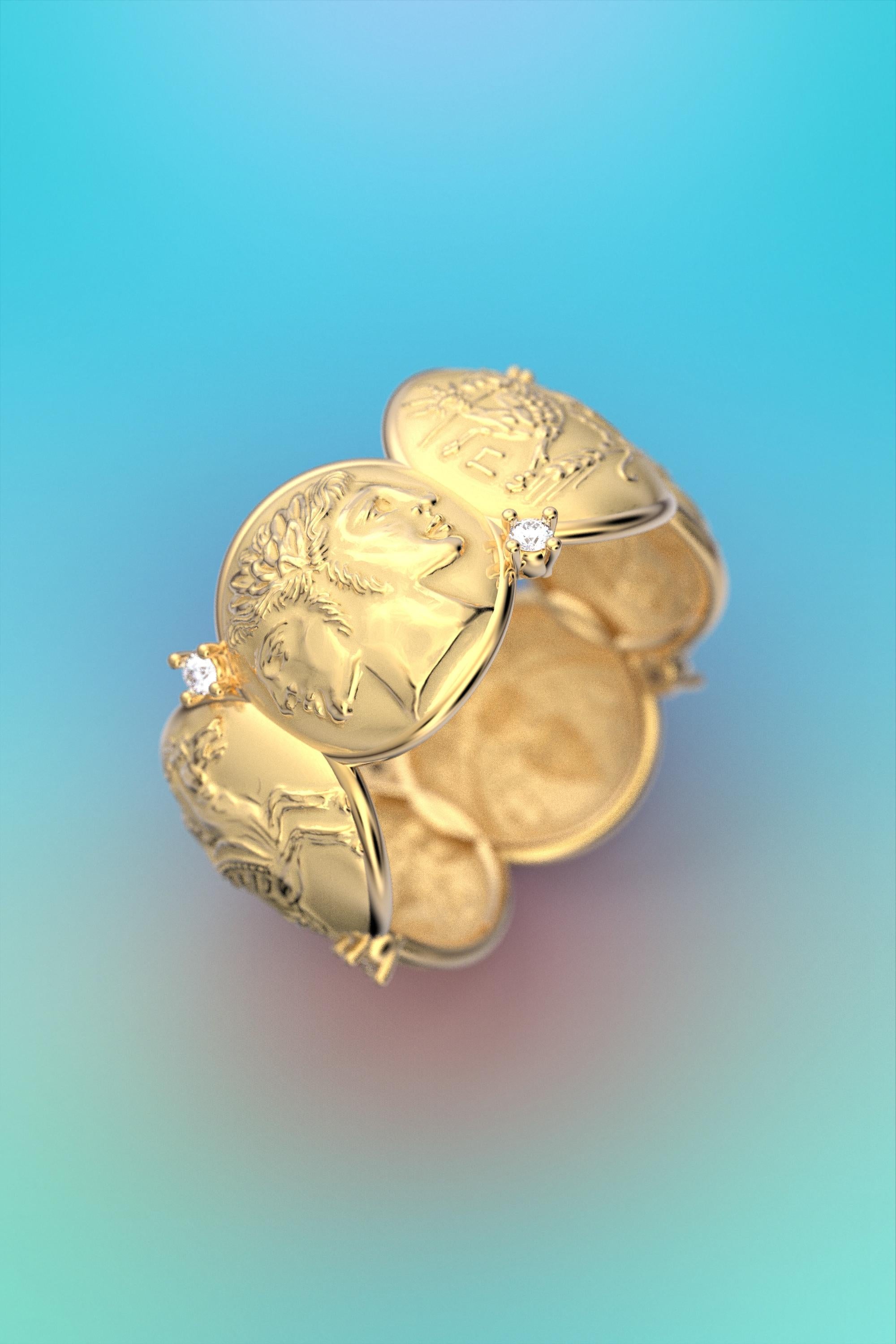 En vente :  Bague en or 14 carats de style ancien avec reproductions de pièces de monnaie anciennes et diamants naturels 2