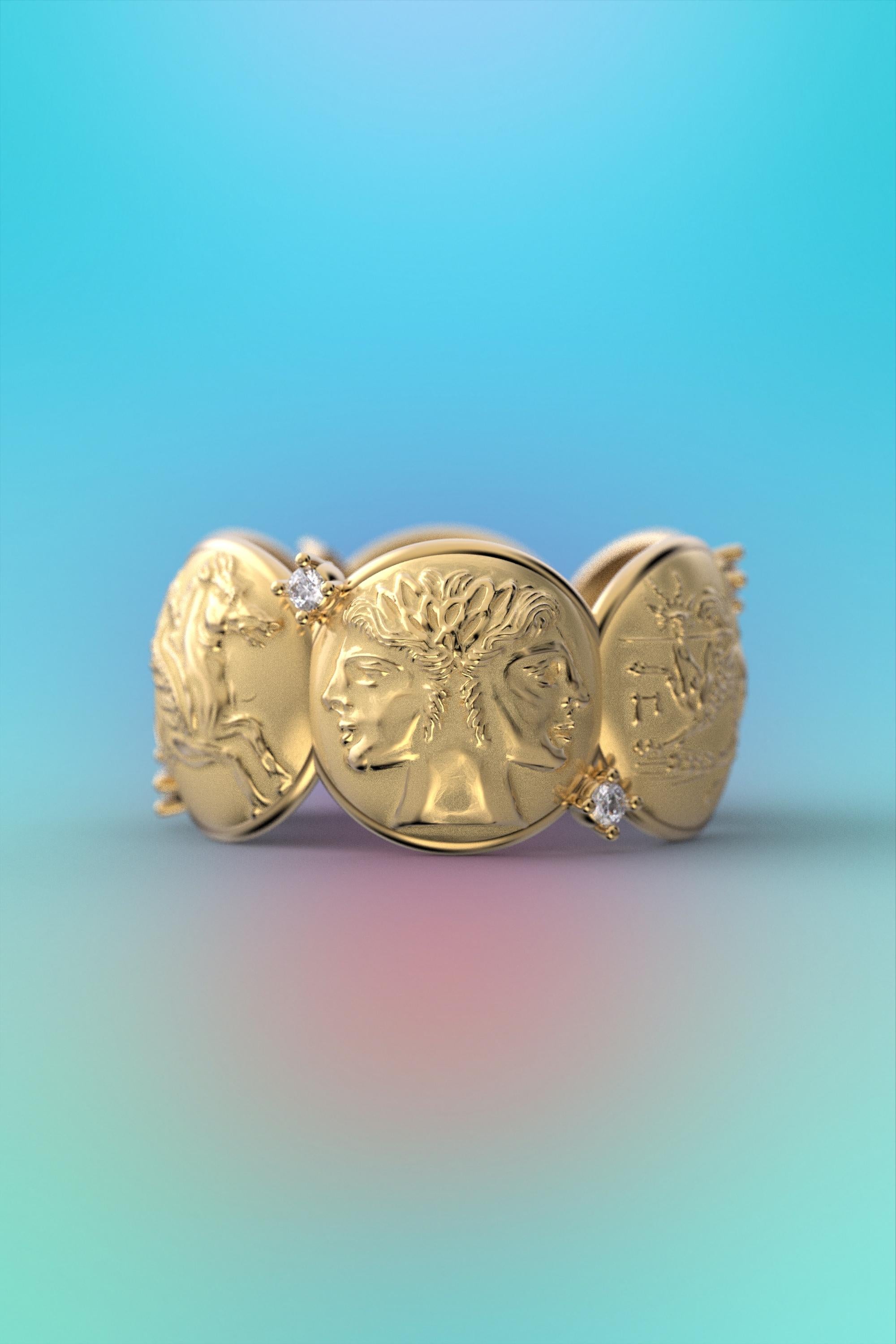 En vente :  Bague en or 14 carats de style ancien avec reproductions de pièces de monnaie anciennes et diamants naturels 4