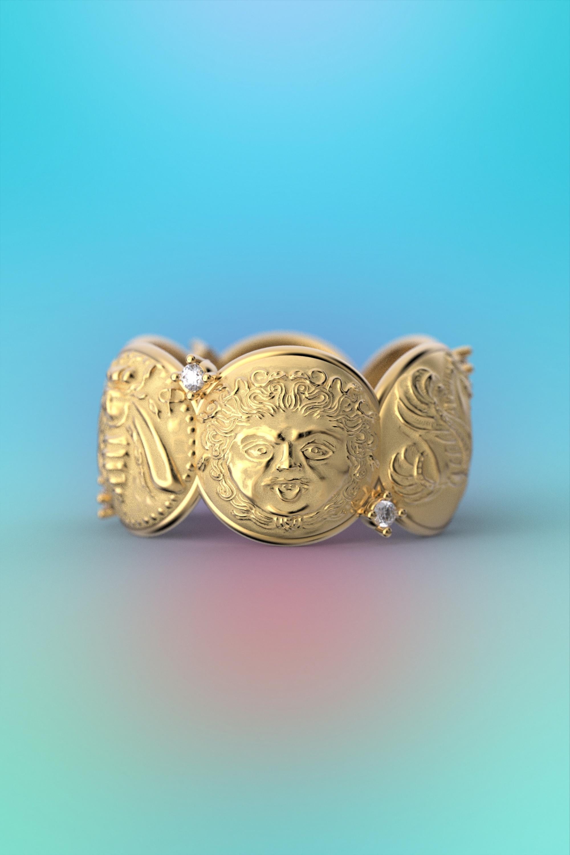 En vente :  Bague en or 14 carats de style ancien avec reproductions de pièces de monnaie anciennes et diamants naturels 5