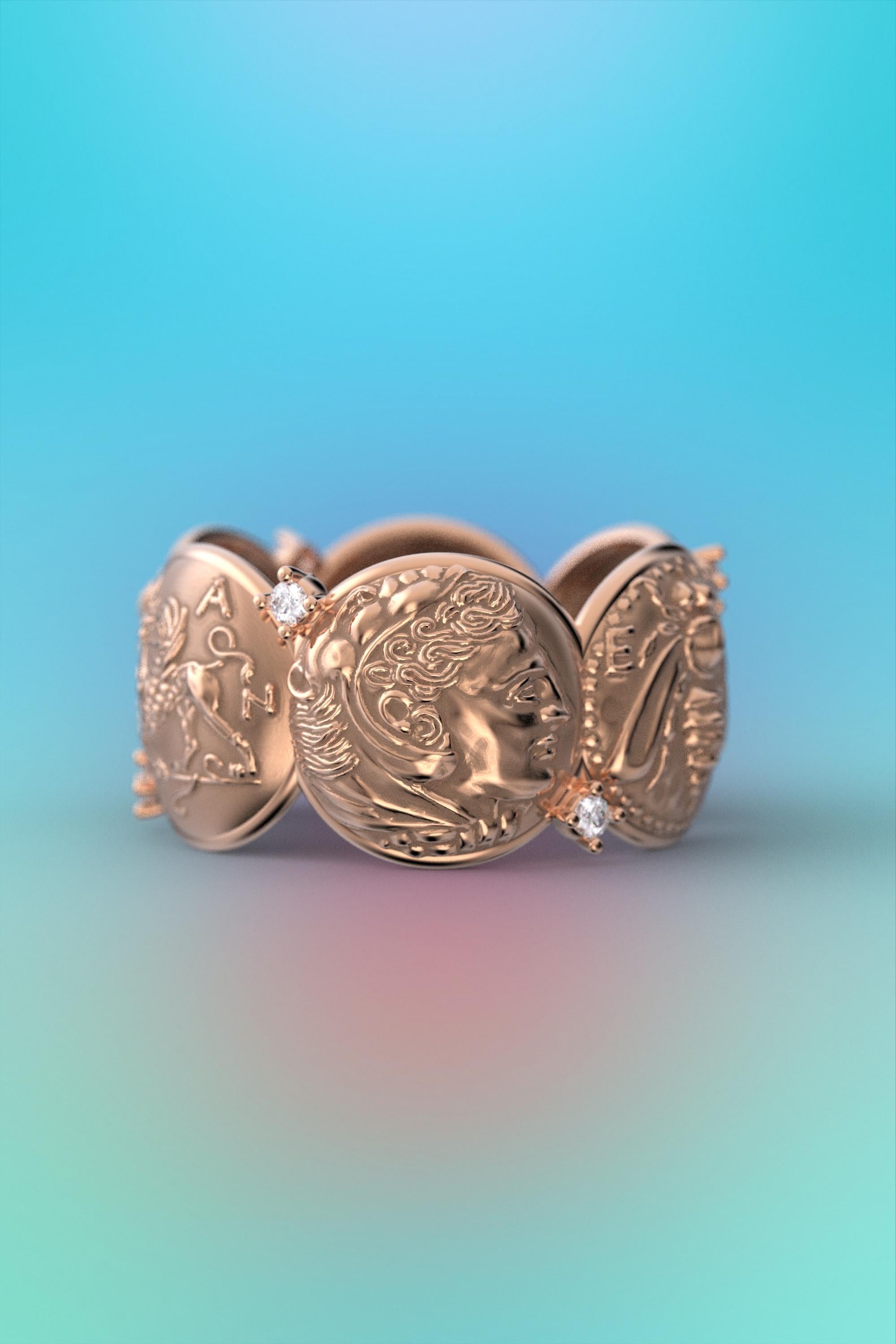For Sale:  14k Antique Style Gold Ring with Antique Coin Reproductions and Natural Diamonds 7