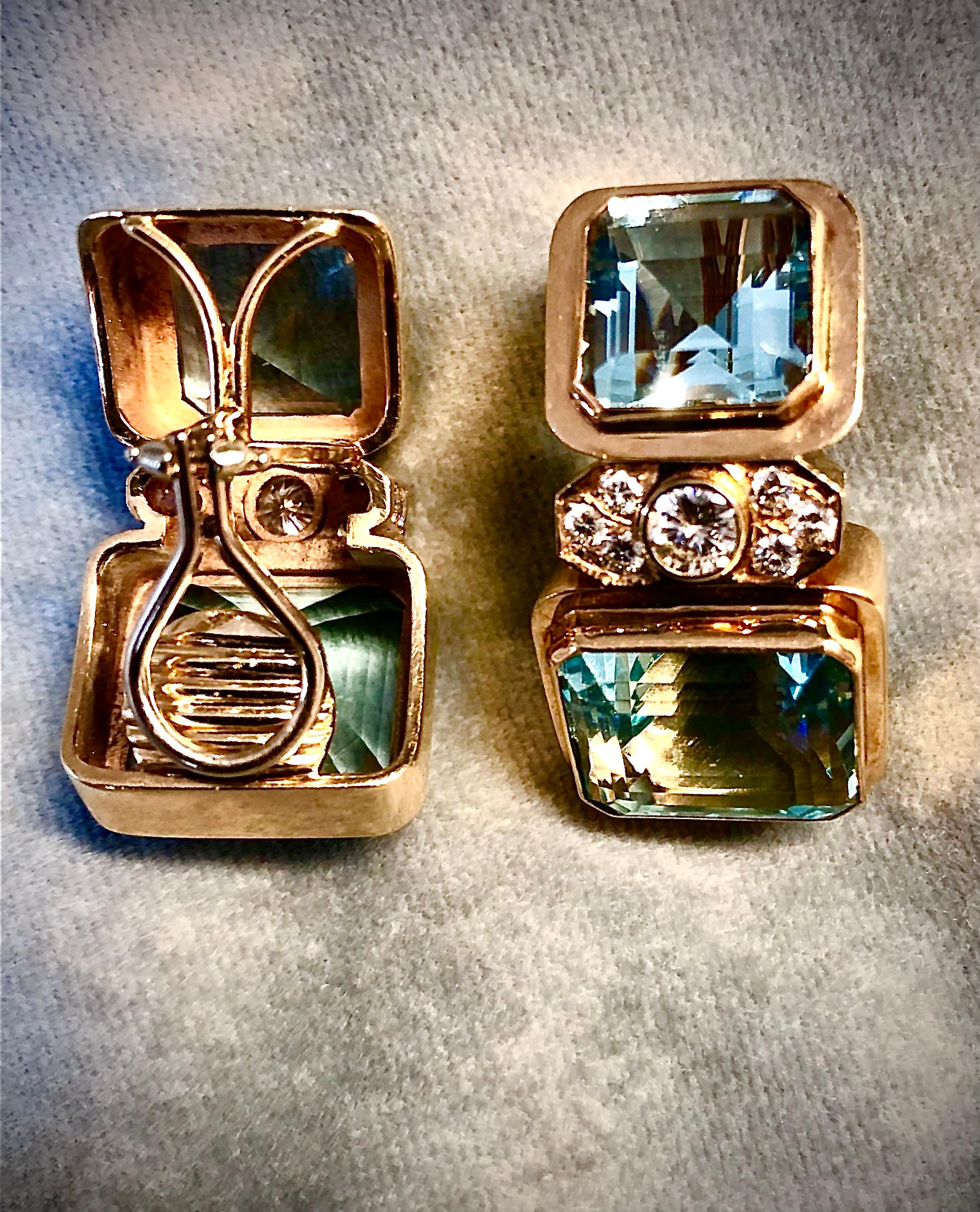 Square Cut 14K Aquamarine & Diamond Earrings For Sale