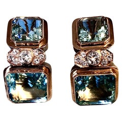 Pendientes Aguamarina y Diamante 14K