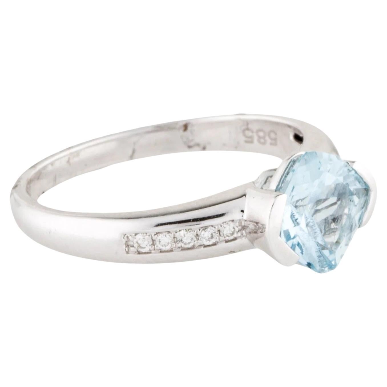 14K Aquamarine & Diamond Ring  Cushion Aquamarine  Rhodium-Plated White Gold For Sale