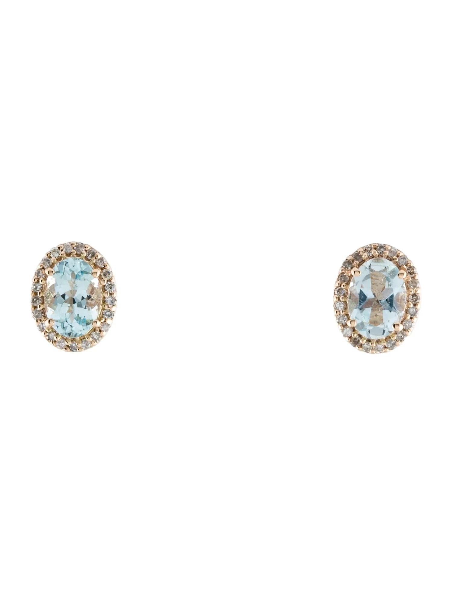 Oval Cut 14K Aquamarine & Diamond Stud Earrings, Oval Blue Stones, 0.16ct Total Diamond For Sale