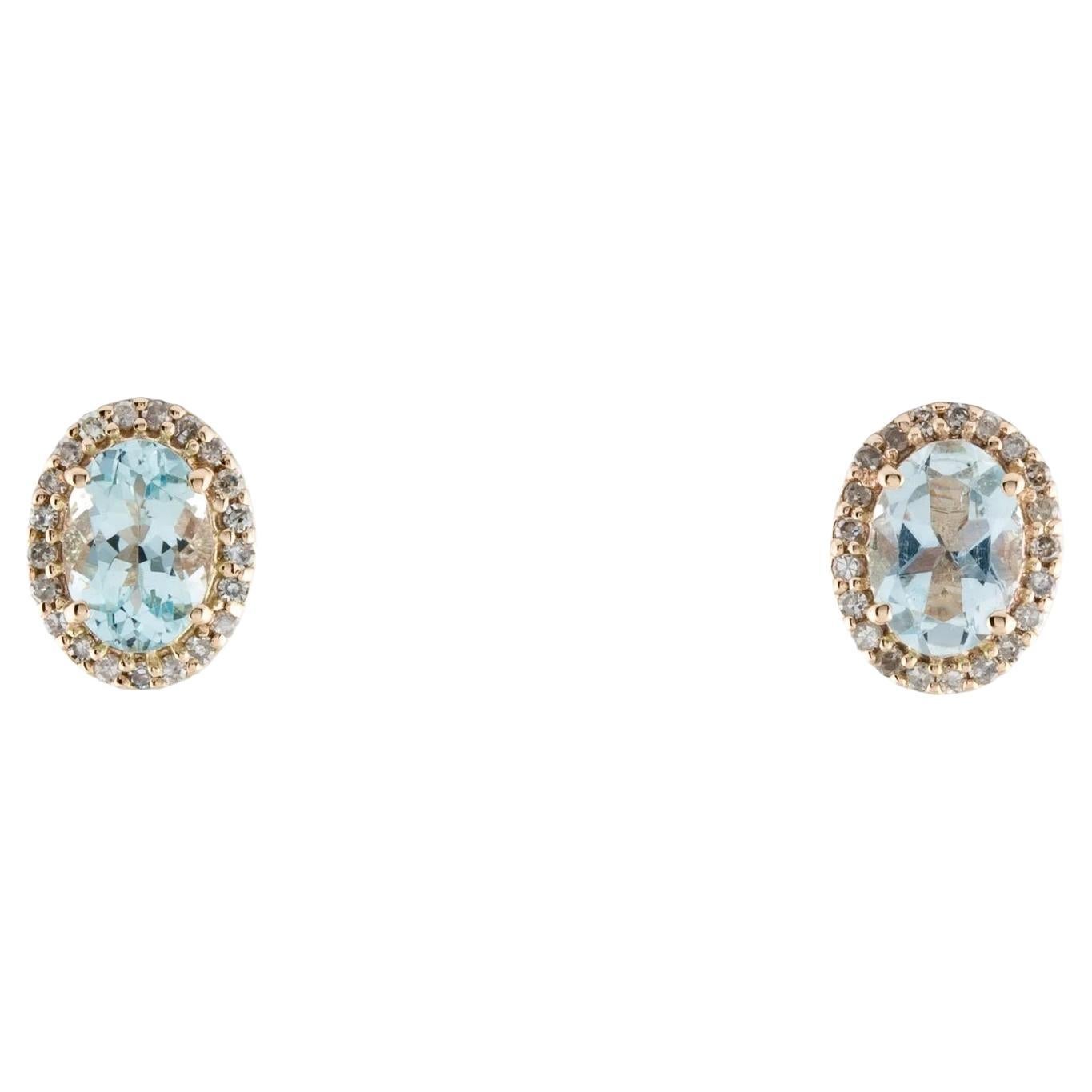 14K Aquamarine & Diamond Stud Earrings, Oval Blue Stones, 0.16ct Total Diamond For Sale