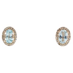 14K Aquamarine & Diamond Stud Earrings, Oval Blue Stones, 0.16ct Total Diamond
