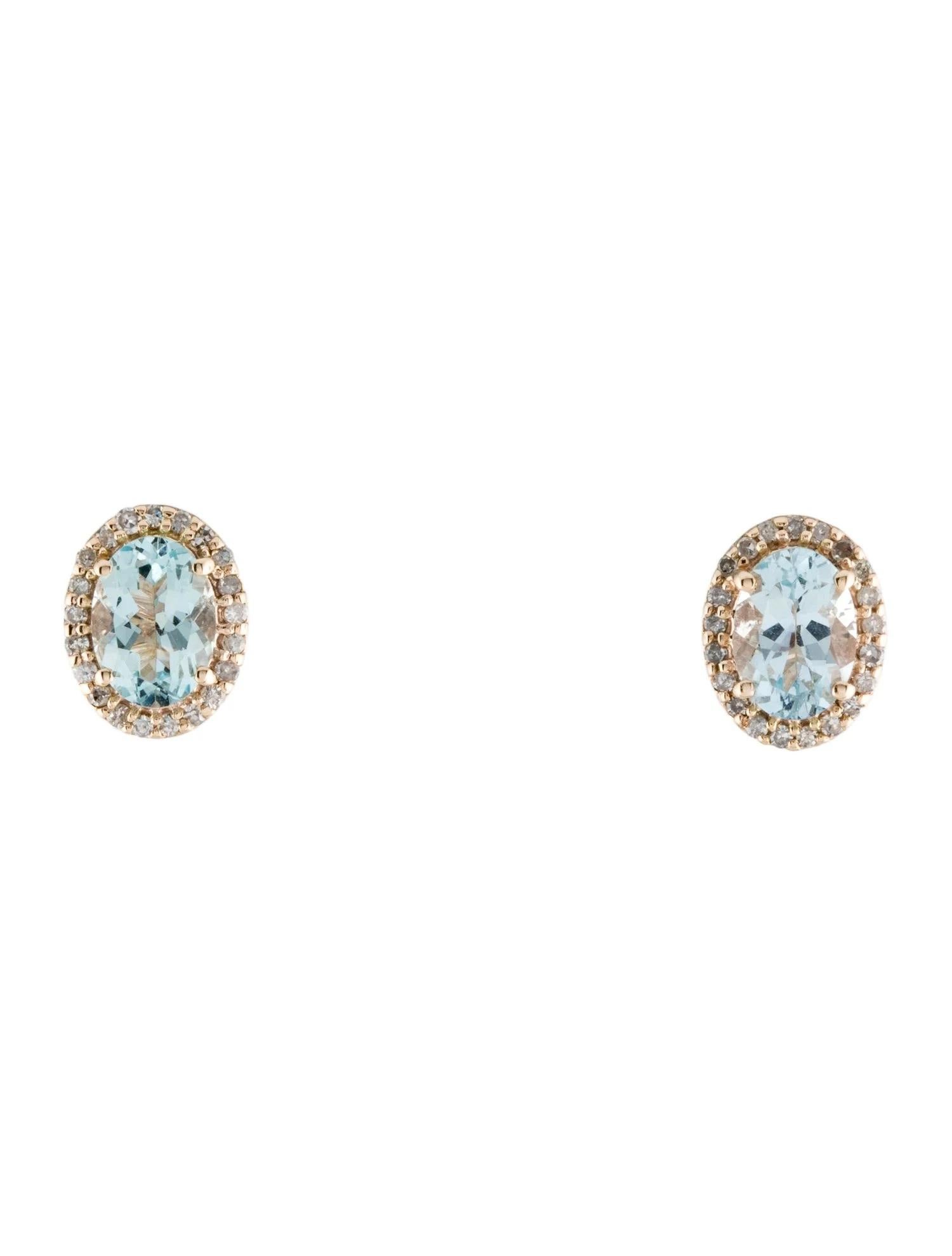 Oval Cut 14K Aquamarine & Diamond Stud Earrings, Oval Blue Stones, 0.16ct Total Diamond W
