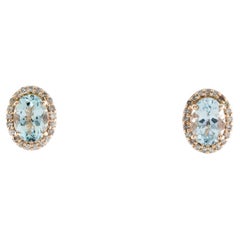 14K Aquamarine & Diamond Stud Earrings, Oval Blue Stones, 0.16ct Total Diamond W