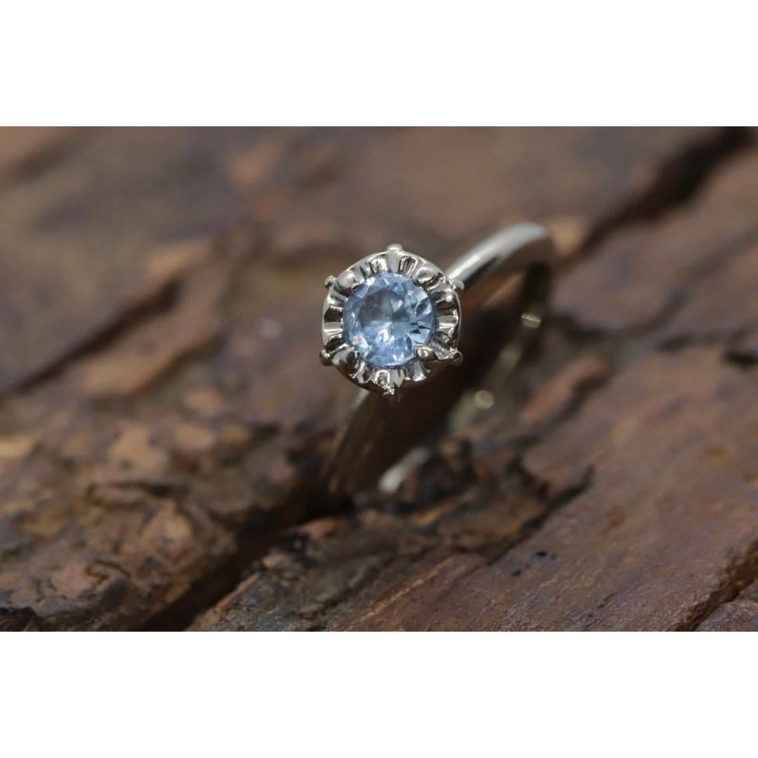 14k Aquamarine ring. Round Aquamarine solitaire ring. Flush set. Engagement Ring For Sale 1
