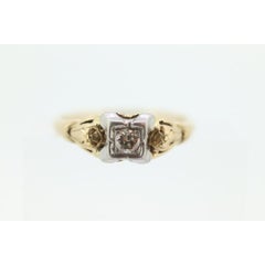 14k Art Deco Diamond ring. 14k White Yellow Gold Square cathedral Ring. Engraved
