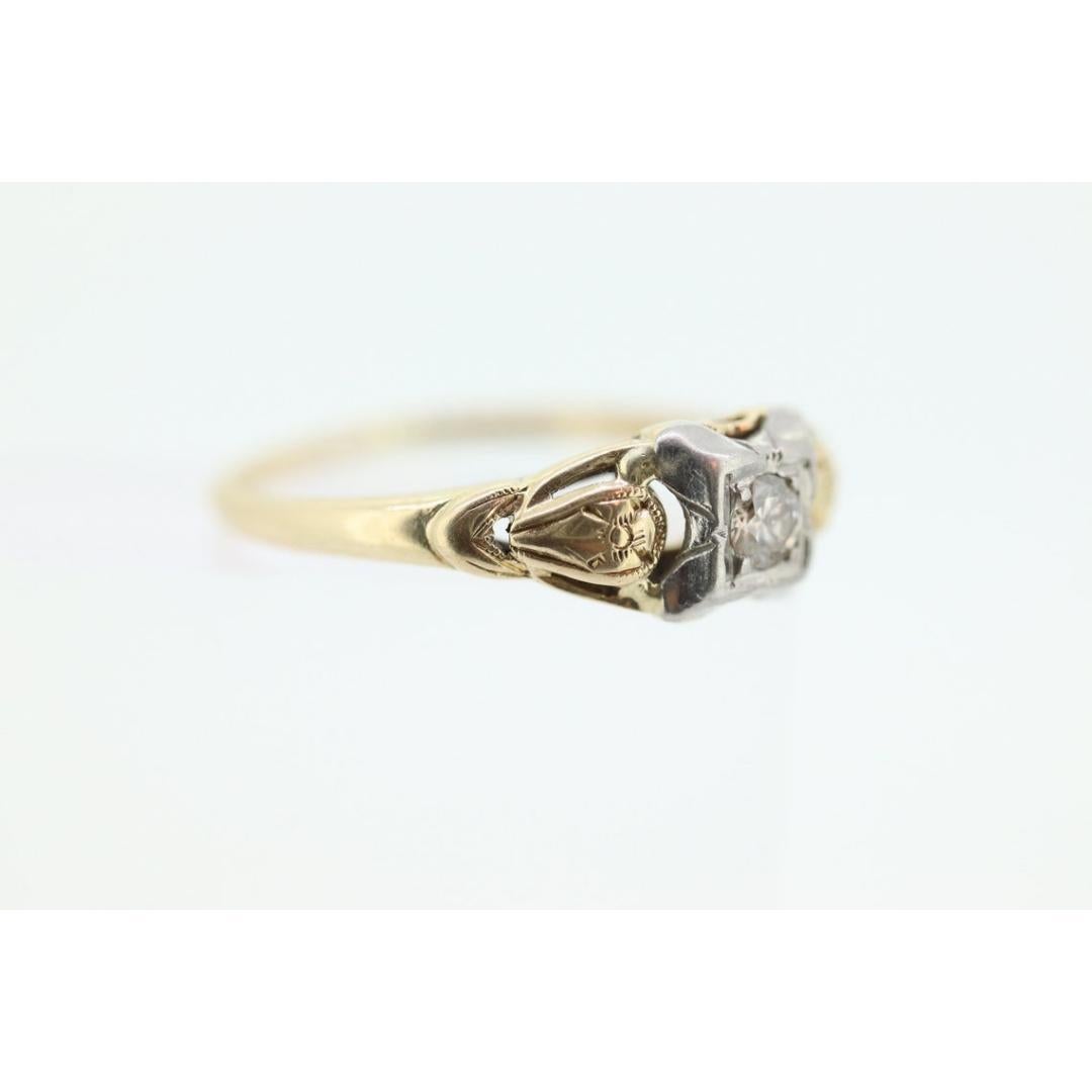 14k Art Deco Diamond ring. 14k White Yellow Gold Square cathedral Ring. Engraved For Sale 2