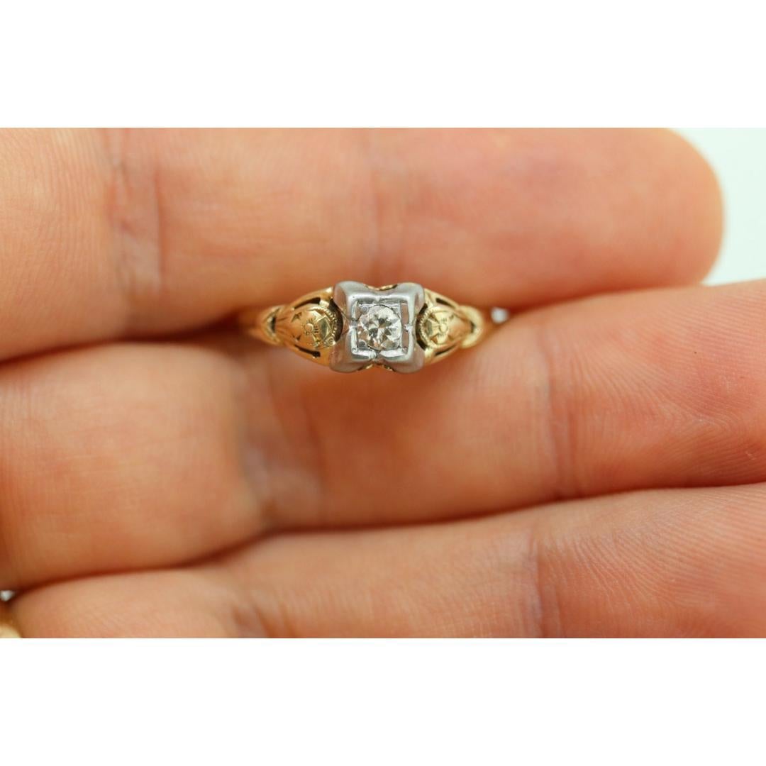 14k Art Deco Diamond ring. 14k White Yellow Gold Square cathedral Ring. Engraved For Sale 5