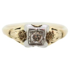 14k Art Deco Diamond ring. 14k White Yellow Gold Square cathedral Ring. Engraved