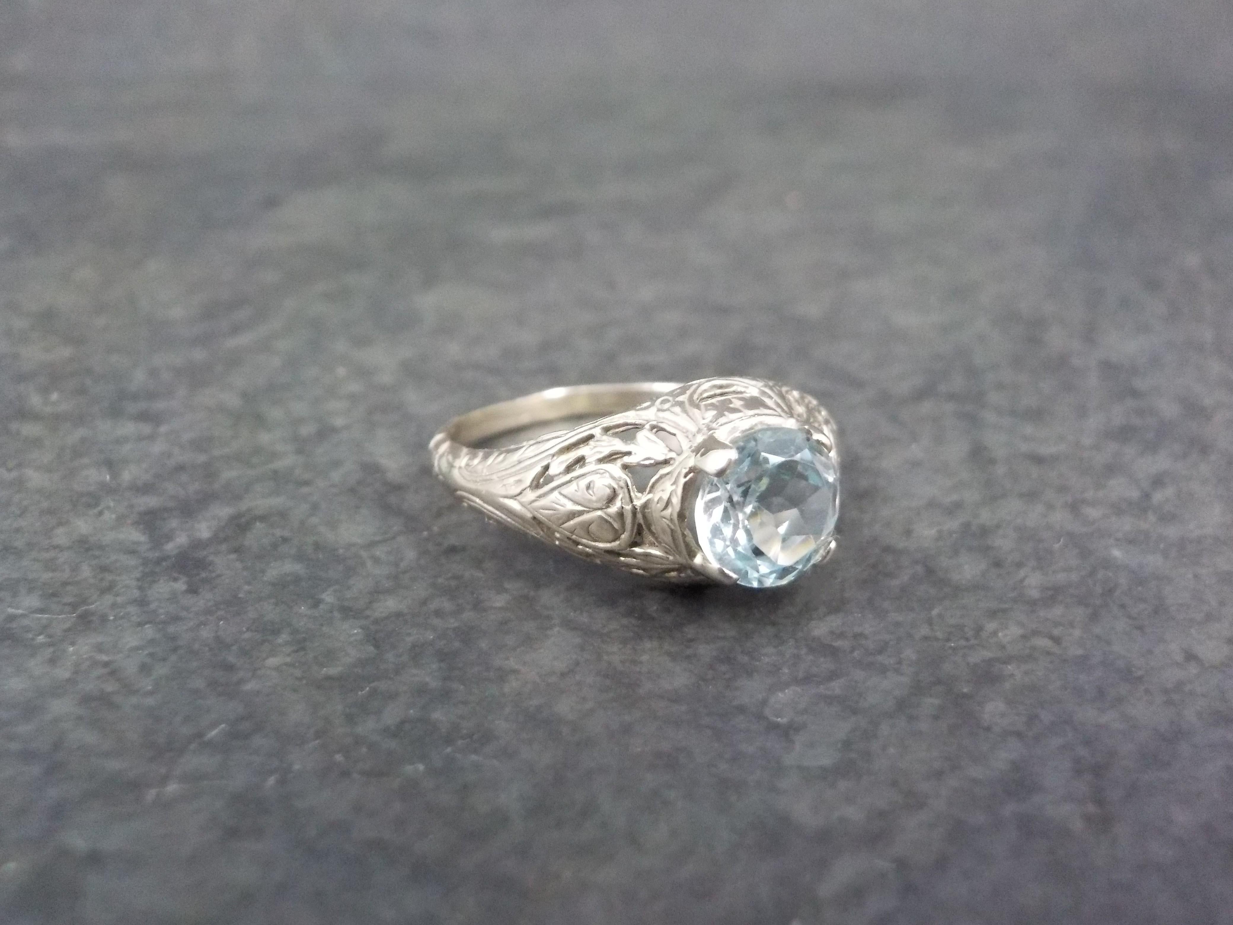 Round Cut 14K Art Deco Filigree Blue Topaz Ring Size 5 For Sale