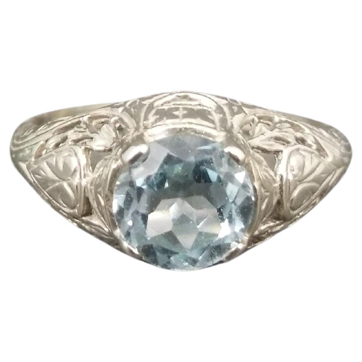 14K Art Deco Filigree Blue Topaz Ring Size 5 For Sale