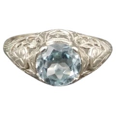 Antique 14K Art Deco Filigree Blue Topaz Ring Size 5
