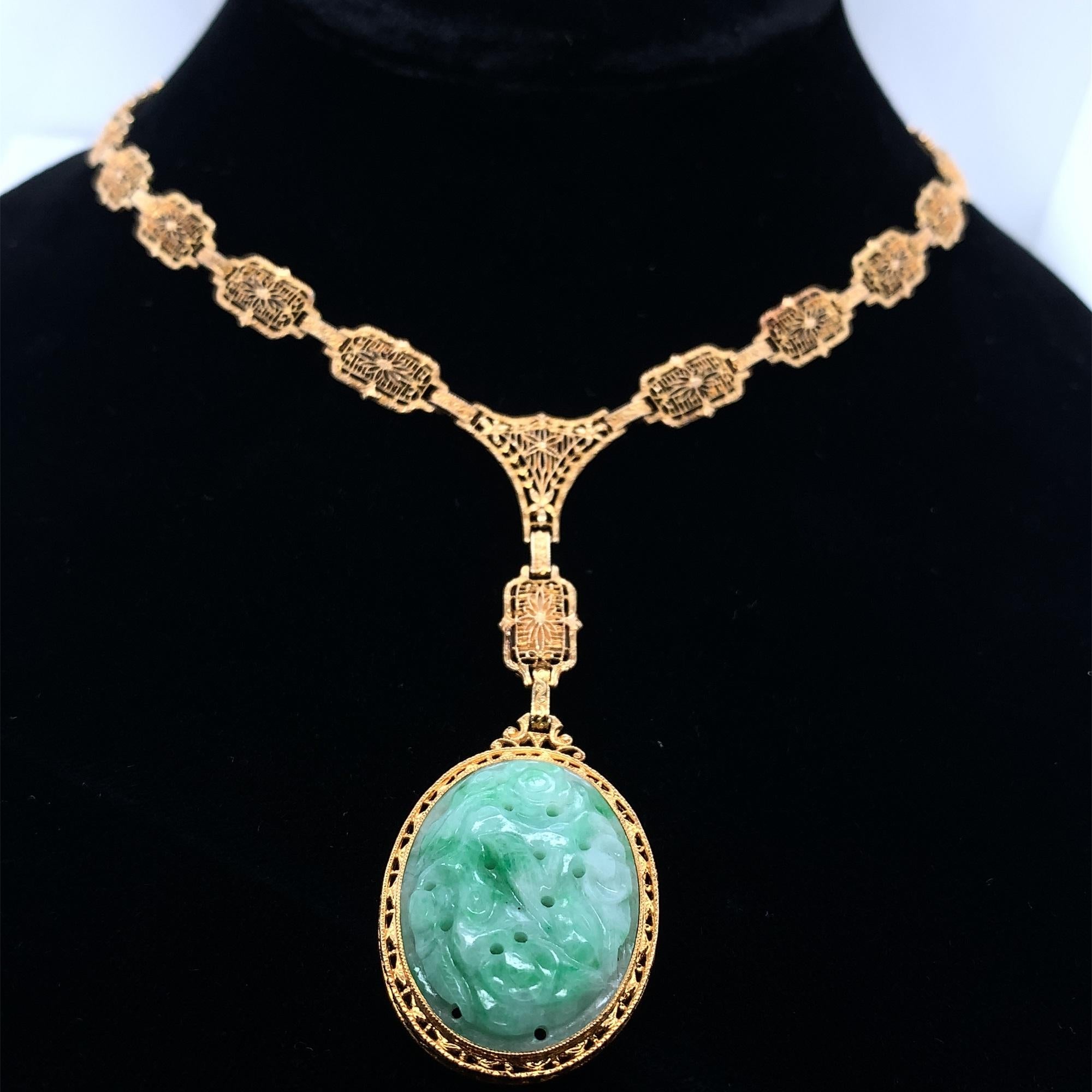 Oval Cut 14K Art Deco Filigree Jadeite Jade Necklace GIA For Sale
