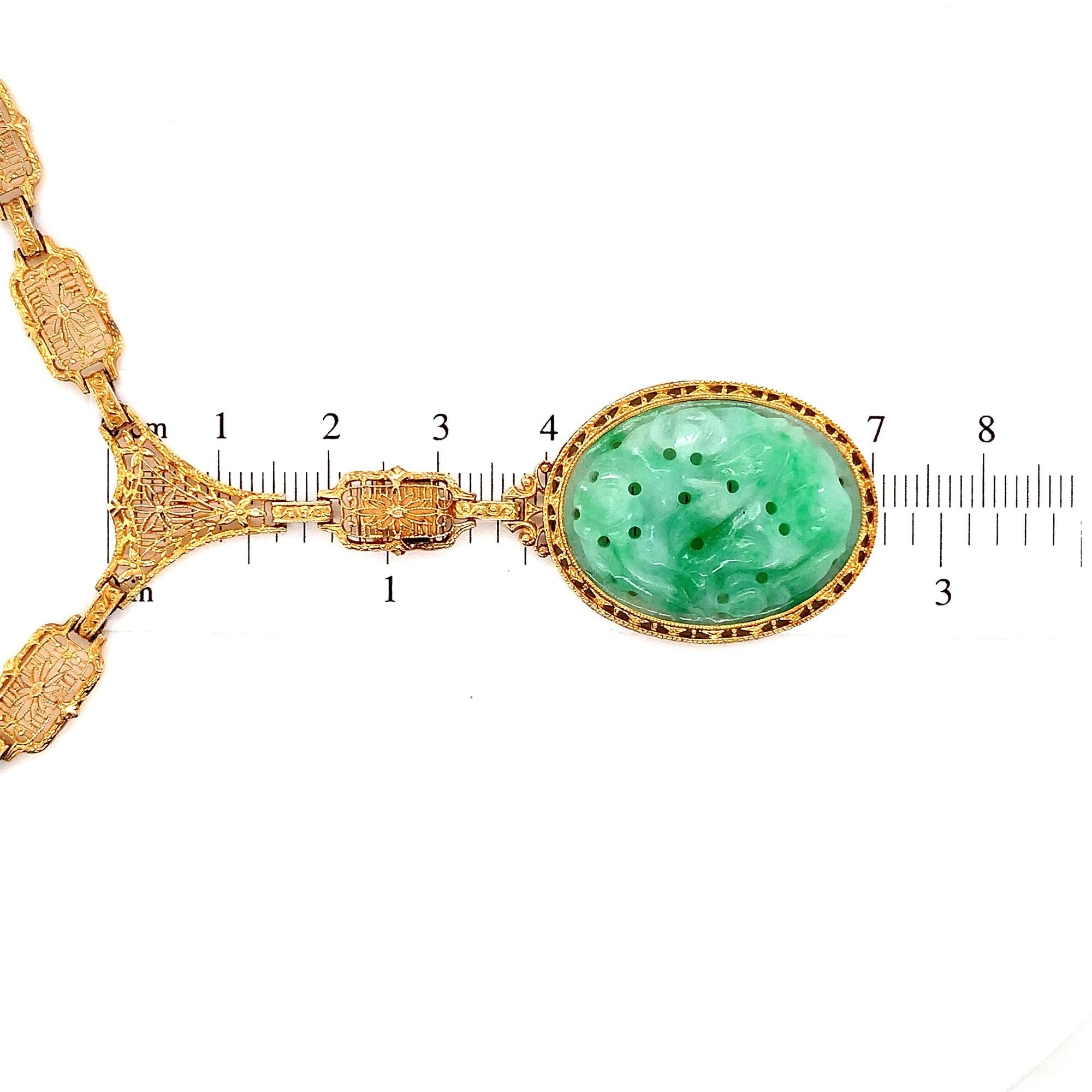 14K Art Deco Filigree Jadeite Jade Necklace GIA For Sale 1