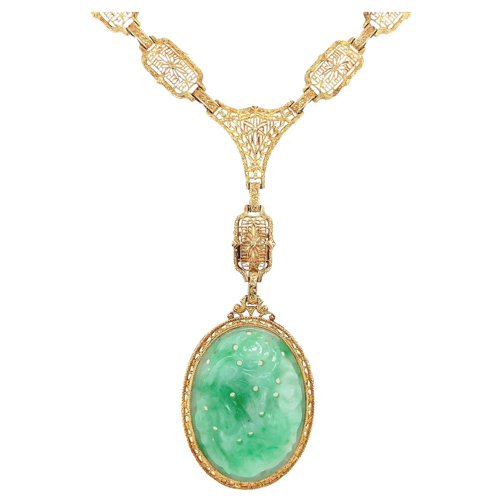 14K Art Deco filigrane Jadeit Jade Halskette GIA im Angebot