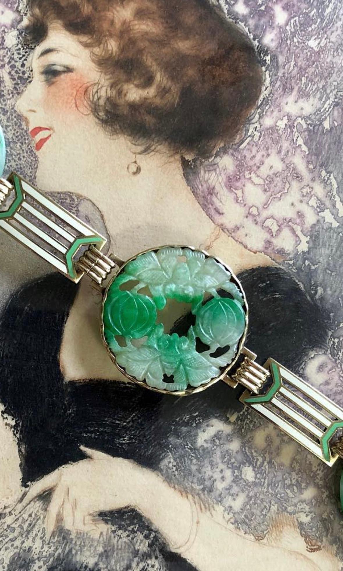 Cabochon 14k Art Deco Jade and Enamel Link Bracelet by Wordley, Allsopp & Bliss For Sale