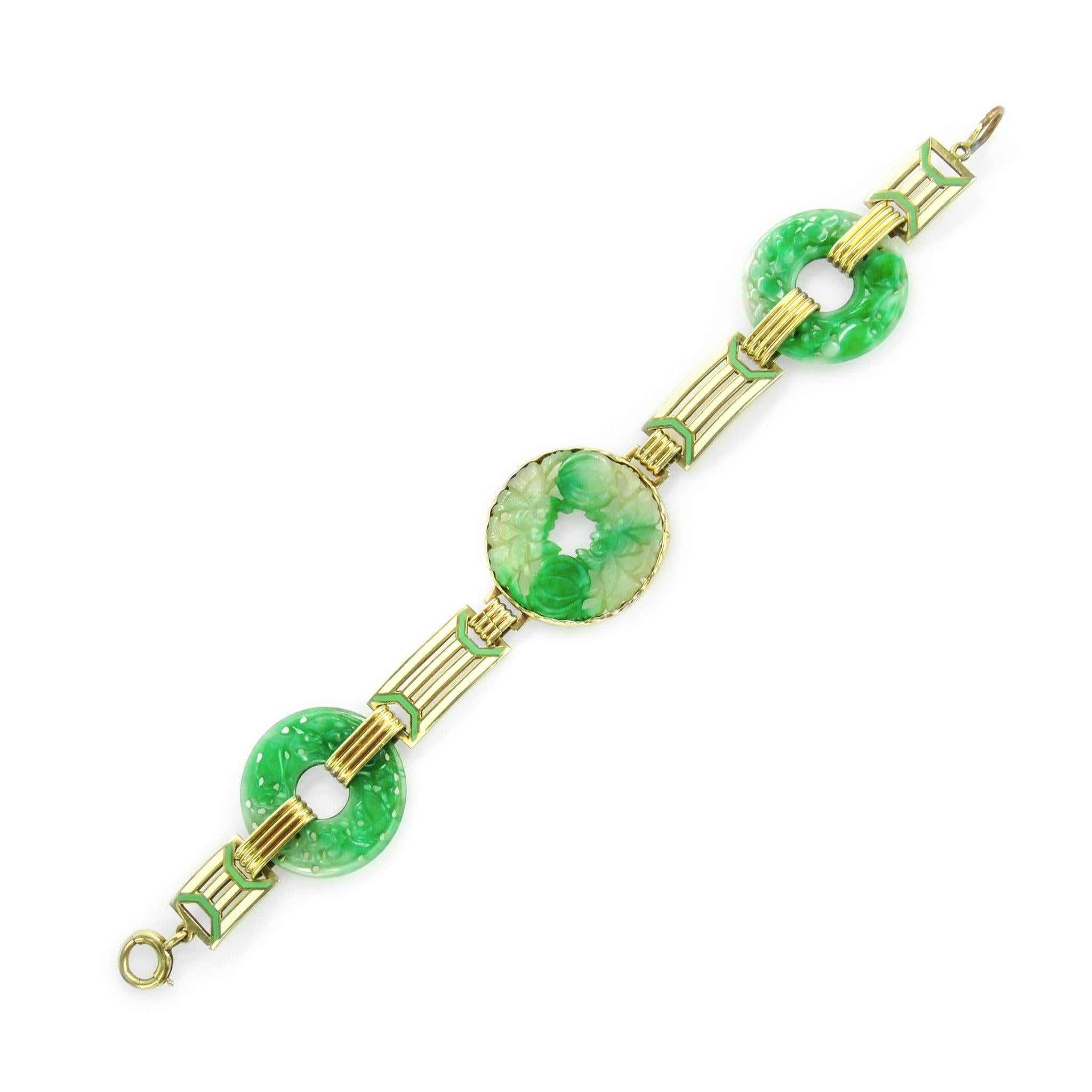 14k Art Deco Jade and Enamel Link Bracelet by Wordley, Allsopp & Bliss In Good Condition For Sale In Hummelstown, PA