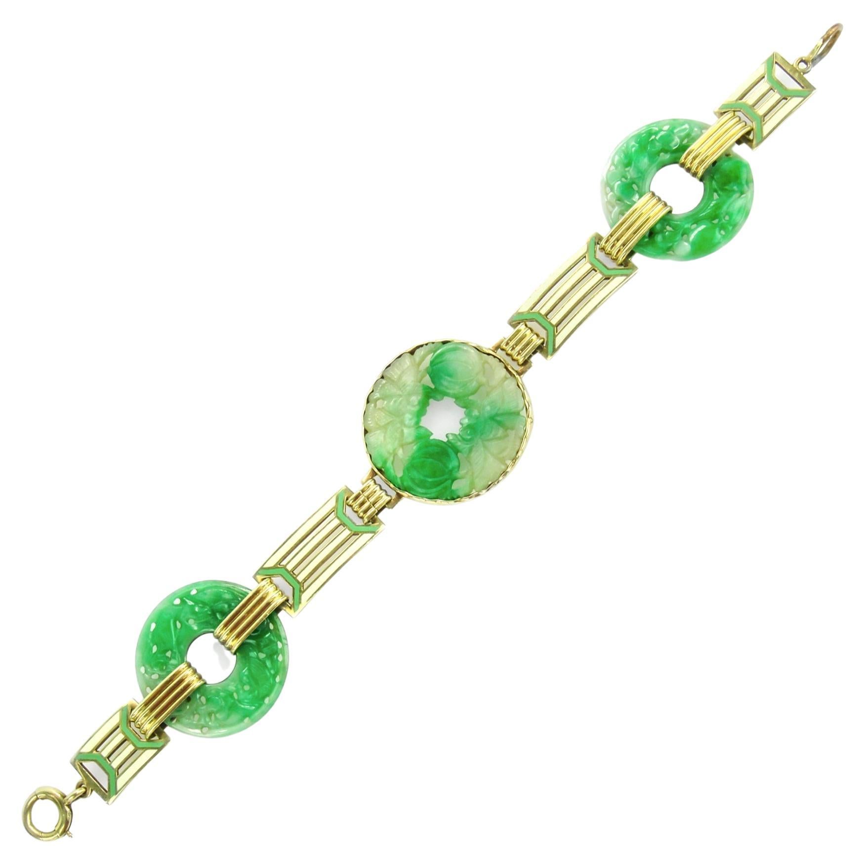 14k Art Deco Jade and Enamel Link Bracelet by Wordley, Allsopp & Bliss