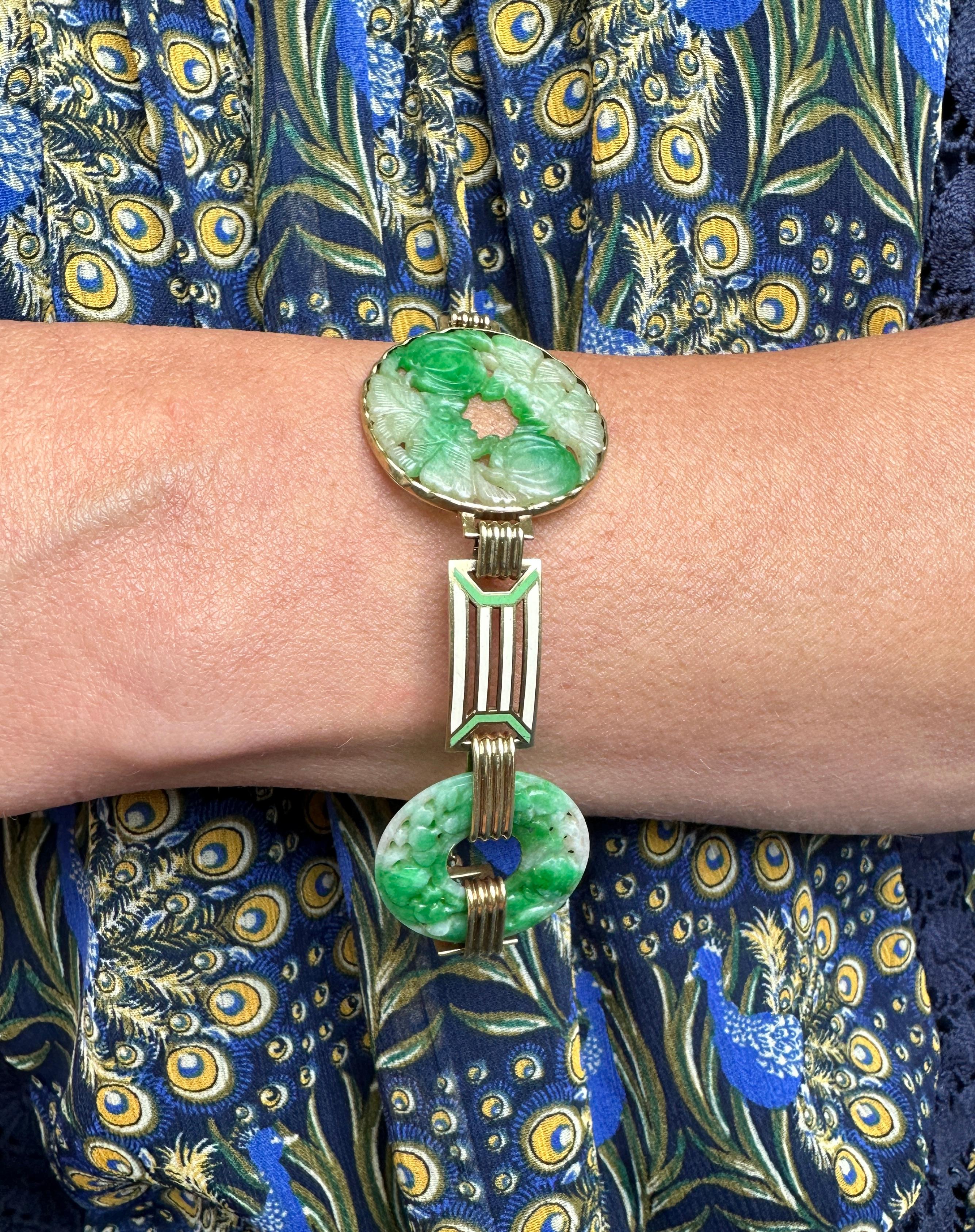 Women's 14k Art Deco Jade and Enamel Link Bracelet by Wordley, Allsopp & Bliss For Sale