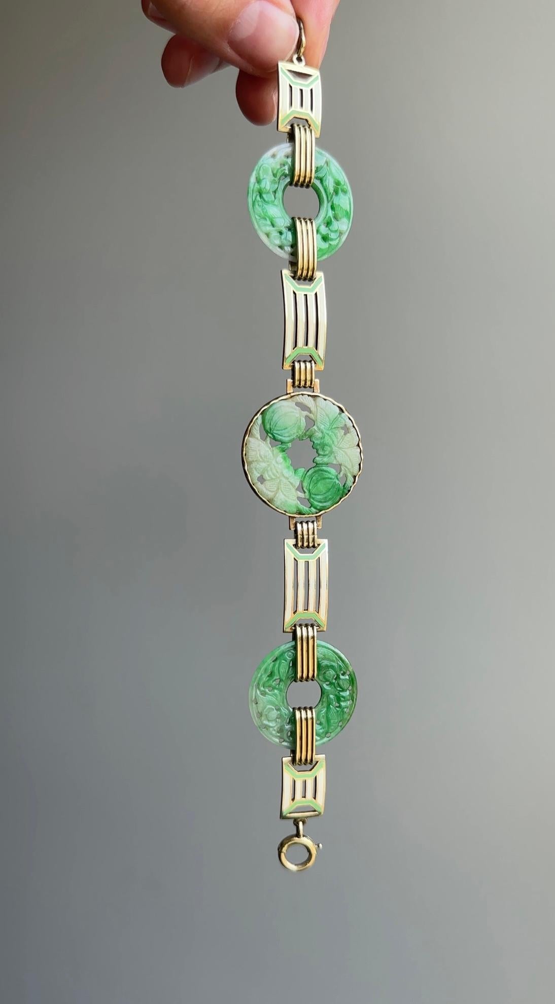 14k Art Deco Jade and Enamel Link Bracelet by Wordley, Allsopp & Bliss For Sale 1