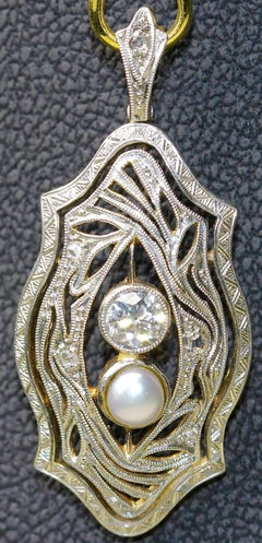 14K Art Deco Necklace Enhancer, pendant, Gold, With Diamonds and South Sea Pearl