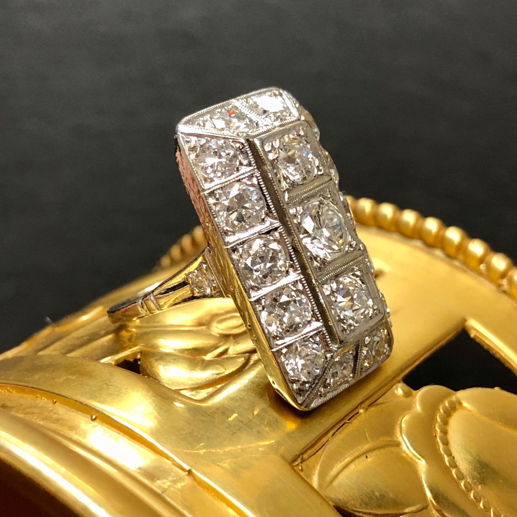 A beautifully made hand crafted 14k Art Deco ring beautifully set with approximately 3.80cttw in larger, well matched Old European cut diamonds being G-I in color and Vs1-2 in clarity.


Dimensions

1” long by 1/2” wide. Size 5