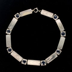 14K Art Deco Sapphire Link Bracelet Guilloche Engraved 7 1/4"