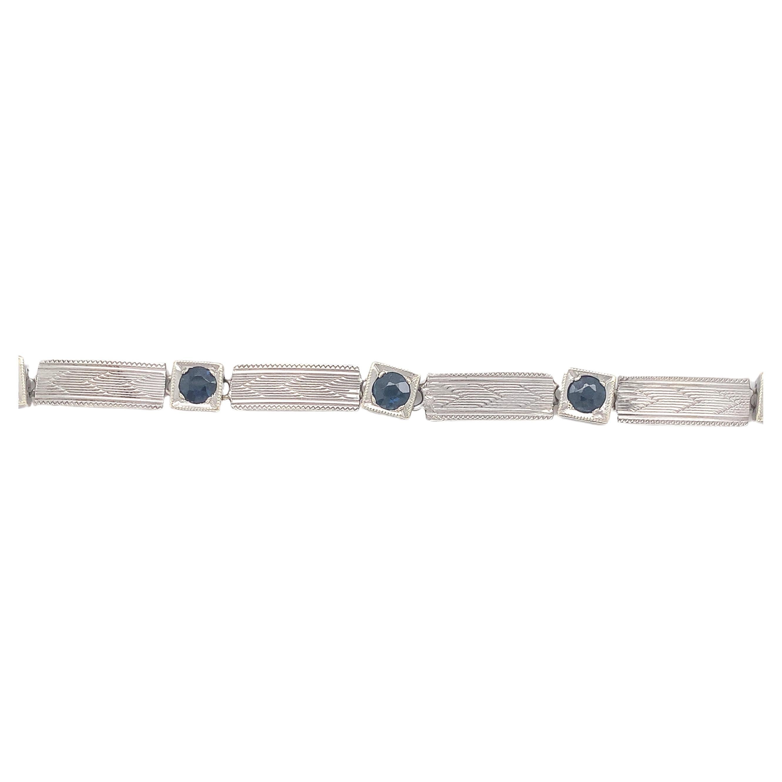 14K Art Deco Sapphire Link Bracelet Guilloche Engraved 7 1/4" For Sale