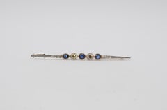 14K Art Deco Stick Brooch with 2 Diamonds and 3 Old European Cut Sapphires