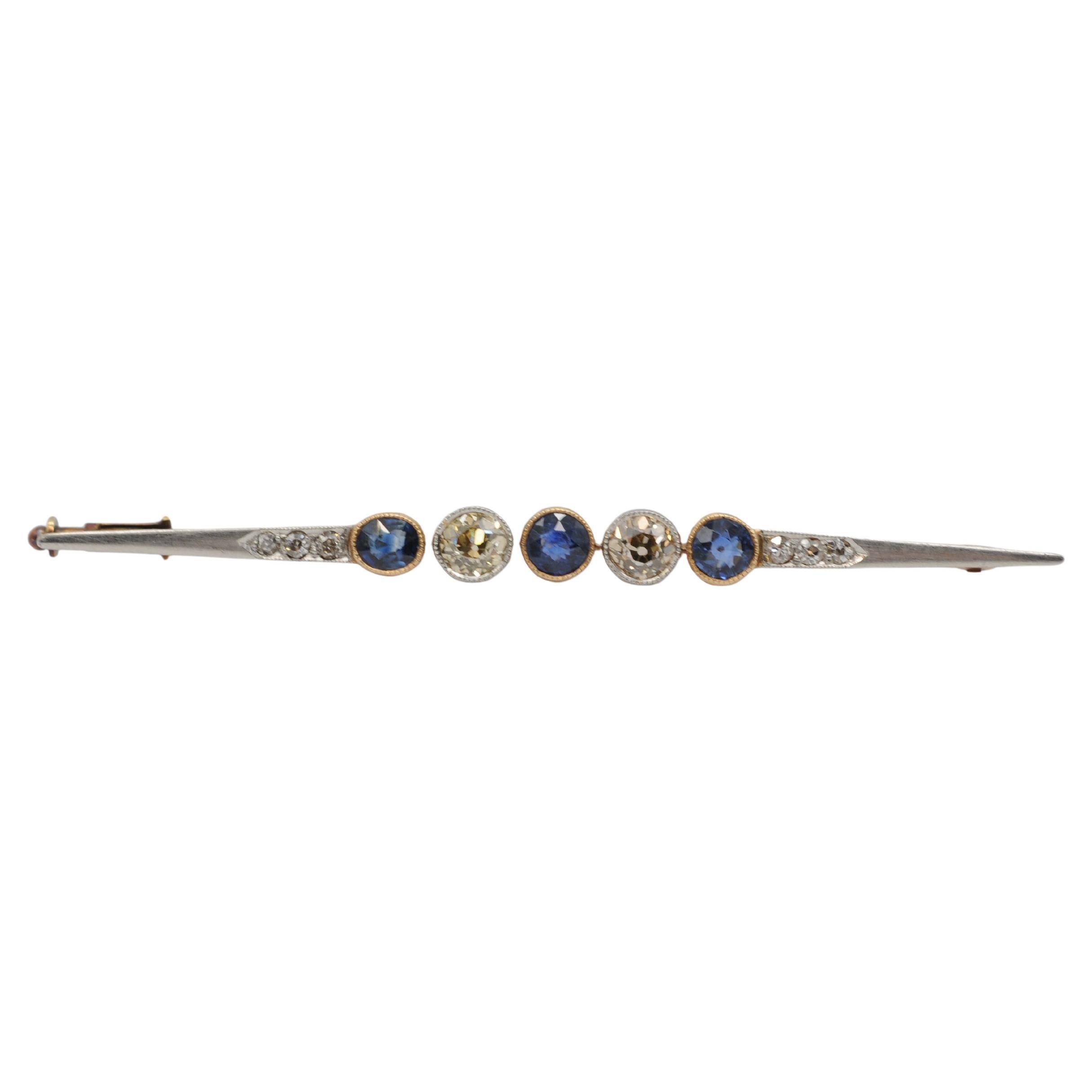 14K Art Deco Stick Brooch with 2 Diamonds and 3 Old European Cut Sapphires