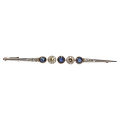 14K Art Deco Stick Brooch with 2 Diamonds and 3 Old European Cut Sapphires