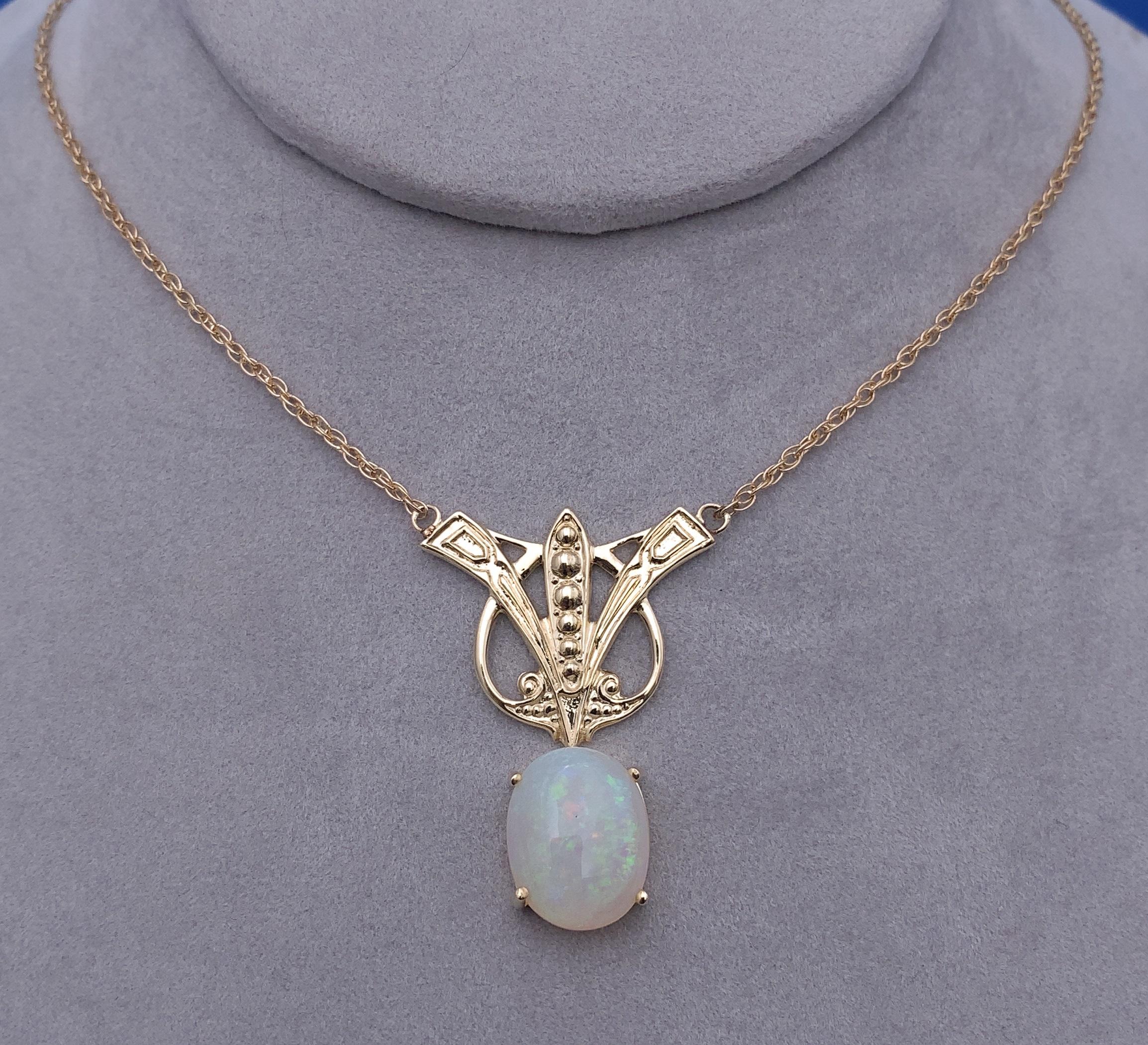 14k Art Deco Style 8 Carat Opal Necklace In Excellent Condition For Sale In Big Bend, WI