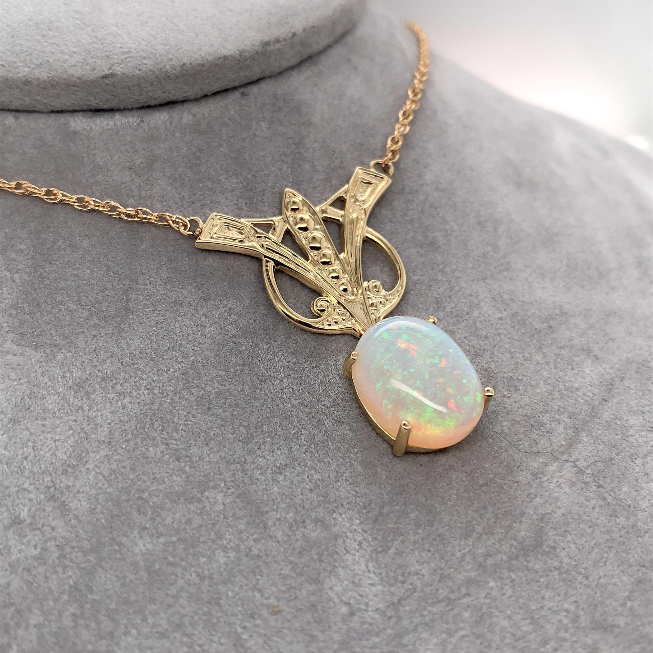 Women's 14k Art Deco Style 8 Carat Opal Necklace For Sale