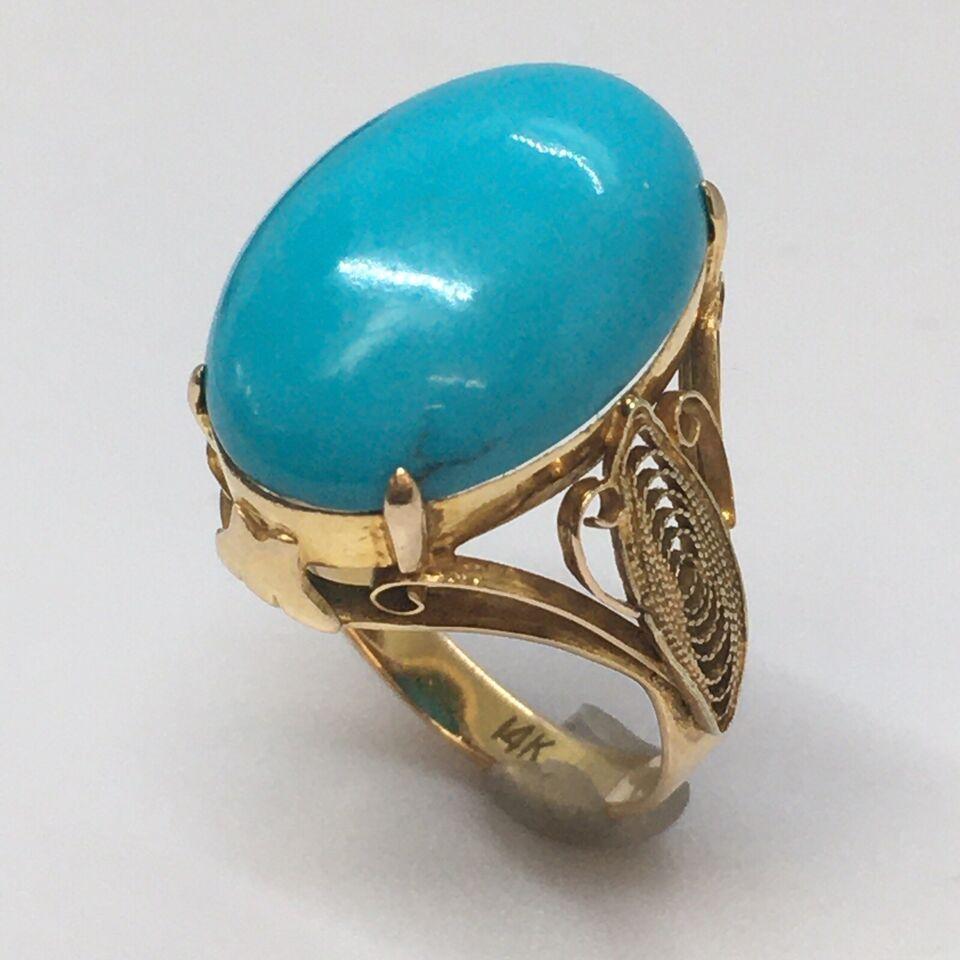 14K Art Deco Yellow Gold 1930s Filigree Ring Arizona Sleeping beauty Turquoise

Size 5.5
ring weight 4.6 Gram
17.5 mm long 12.1 mm wide 5.2 mm deep natural Approximately 9 carat natural sleeping beauty Turquoise, minimum matrix, very rare
Marked &